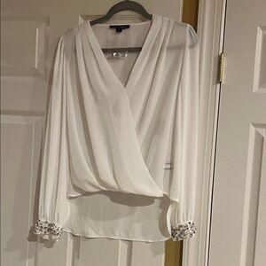 Boston Proper White Blouse with Embellished Cuffs